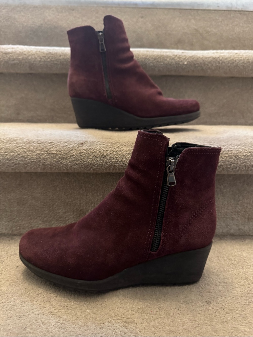 The Flexx Burgundy Suede Wedge Ankle Boots with Side Zip
